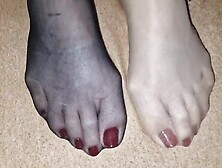 Cum On Wife's Nylon Feet - Red Polish On Toenails