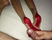 Big Cumshot On Beautiful Legs In Red Nylons