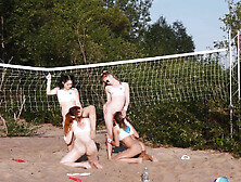 Four Pretty Volleyball Babes Make Love On The Beach