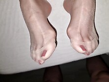 Cum On Wife's Fastened Up Nylon Feet - Red Polish Pedicure