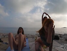 Three Girls Doing Naked Yoga On The Beach Early Spring Hard Nipples