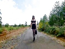 Longpussy,  Out For Another Walk,  Long Twat,  Small Jugs,  Sheer Top,  High Heels,  Thigh Highs And A Short Skirt Inside Outdoor.