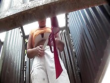 Chubby woman undressing in a cabin