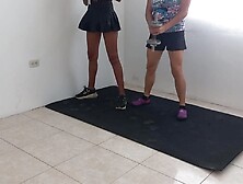 Latin Step Sisters Do Aerobics In A Very Hot Way.  They Show Off Their Fleshly Buns And Moist Pussies