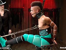 Petite titties black lesbo serf Nikki Darling in green tights gets nipps bound to toes and caned then in full legs split suspens
