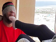 Worshiping mature lady feet while neighbors watch on balcony