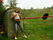 alphagen Delicious Blonde Sharon Seduces Herself in the Garden with a Glass Dildo