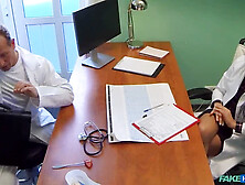 Hot nurse Angie Moon hooks up with the doctor and has fun with a female patient in a fake clinic