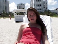 Brunette in red dress teases your cock in pov blowjob near beach.