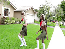 Ambitious girl scouts Alina Belle and Tori Montana distract rich neighbor to steal wad of cash