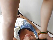 Suffering of idiot slave under cruel and beautiful Alexa's feet