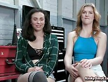 Blonde lesbian anal fucked at mechanic workshop