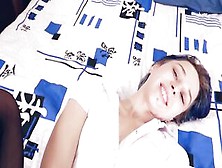 Schoolgirl stay at home.  Real multiple climax in torn hose.