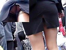 Blond vamp flashed nylons up skrt