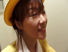 Japanese elevator handjob with white gloves