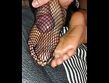 Black Fishnet Solejob And Cum