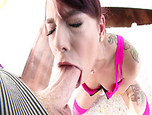 Gina Valentina does a gagging blowjob,  bobbing her head on his enormous pole