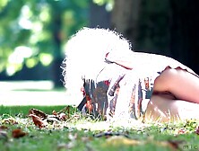 Public Braless and Bottomless Curly College Blonde