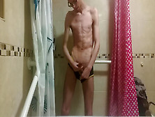 Hot Very Skinny Guy With Flat Butt Strokes His Wet Cock And Pisses