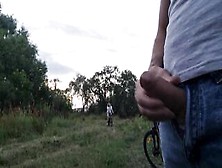 Chap flashes in public and jerks off dong near unknown hotty.  OMG!