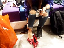 Shoe shopping Lover's goddess big feets foot into stilettos