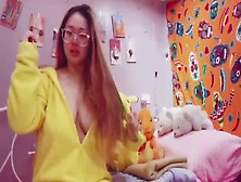 Gigantic Titty Oriental Teenie Crying While Brushing Her Hair In A Pikachu Onesie