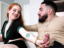 Petite Redhead Babe Amy Quinn Pleasures Her Bearded Bf On The Couch