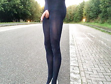 Velvet Pantyhose Public Road Walking