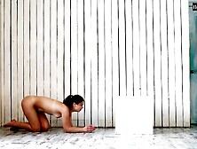 Talented naked gymnast Kim Nadara spreading legs