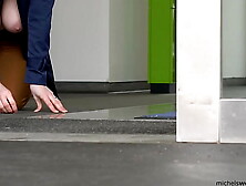 submissive woman with gigantic natural tits exposed in public