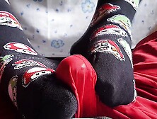 Footjob over shorts,  cum through clothes,  footjob,  sockjob