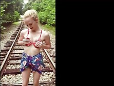 Taut Teen Masturbating & Flashing on Railroad Tracks