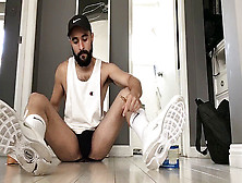 Hairy Muscle Otter In Nike Socks And Sneakers Tearing Up Fuck-Hole With Gigantic Dildo