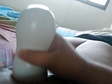 Horny dude playing with fleshlight, cums a lot after