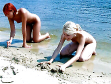 Skinny and young nudist ladies fool around on the beach