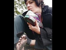 Takes off Shoes and Socks Playfully and Rubs Sweaty Feet in Ash Pit,  Spits and Blows