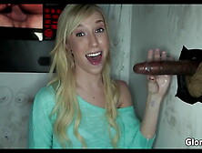 Cute Blonde chugs glory hole dicks down