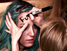 coloredhair bonded babe licks and throats in public