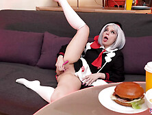 Horny maid Maddy Nelson plays with her shaved pussy on the sofa in 4K.