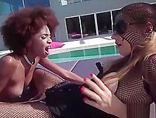 Nasty Interracial Trio Fucks Next To A Pool