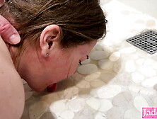 Blonde Girlfriend Pisses on Slave - Forced to Drink Pee from Bathroom Floor in Rough Fetish Sex