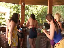 Clothed babes flirt outdoors