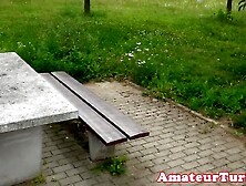 Amateur exhibitionist wife toys outdoors