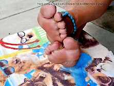 Showing off her cute barefoot sandals on her cute undressed feet