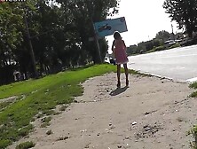 Golden-Haired on bus wearing pink strap upskirt