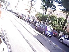 Adorable up skirt girl in the crowded city tram