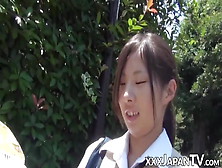 Nerdy Japanese Schoolgirl With Glasses Teases In Public