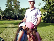Jade Amber and Adria Rae are sucking cock outdoors