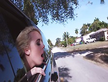 Blonde With A Shaved Cunt Is In The Back Of A Car,  Doing A Large Cock