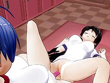 Two Lesbian Students in Tracksuit Cum From One Dildo in the Locker Room